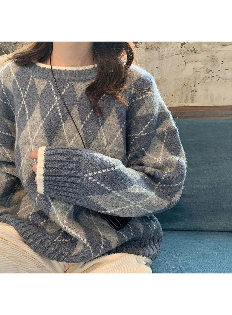 Y2k Oversized Argyle Sweater