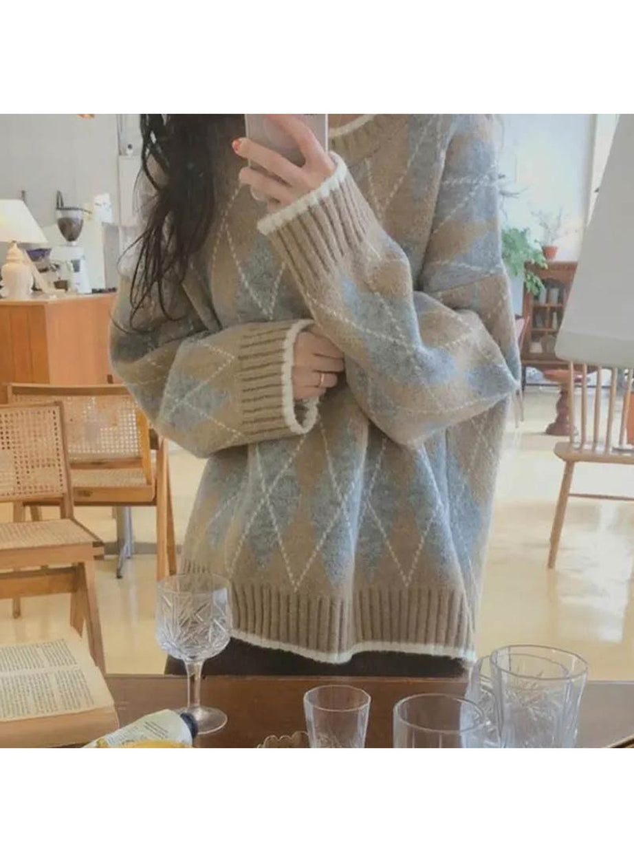 Y2k Oversized Argyle Sweater