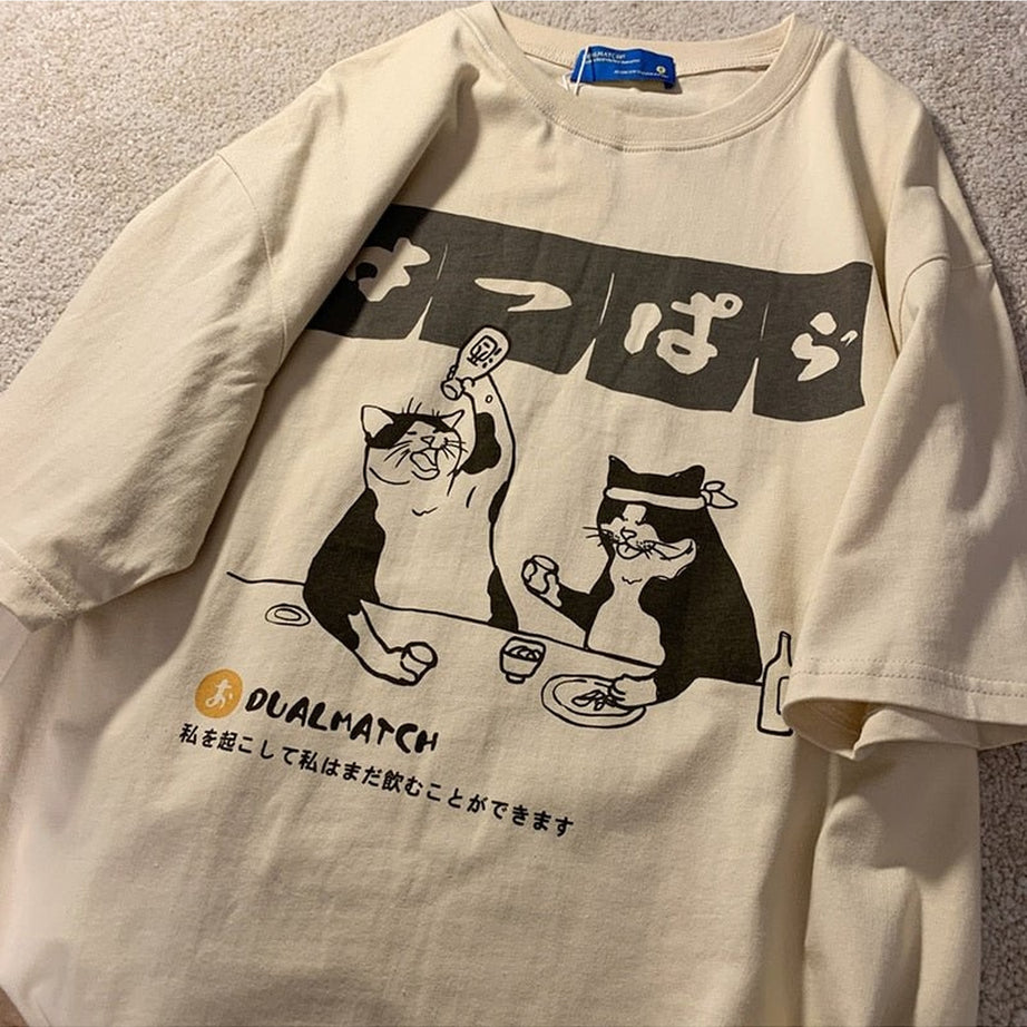 Y2k Oversized Drinking Cat T-shirt