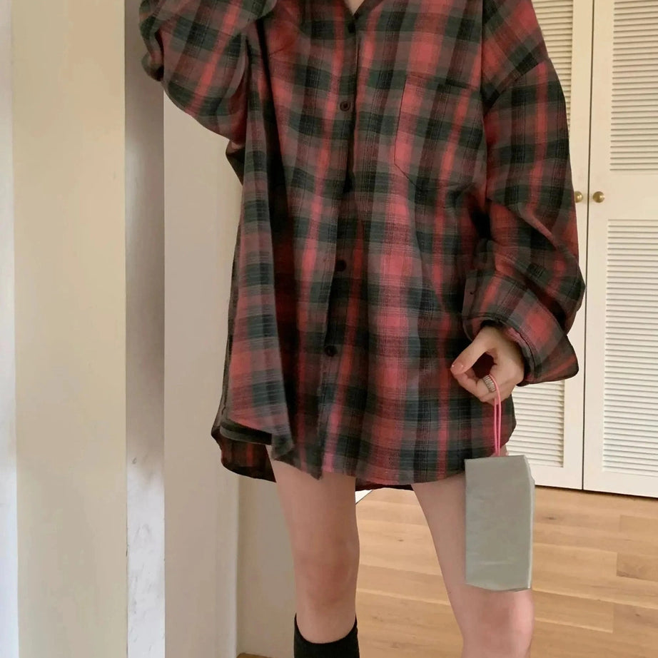Y2k Oversized Plaid Flannel Shirt