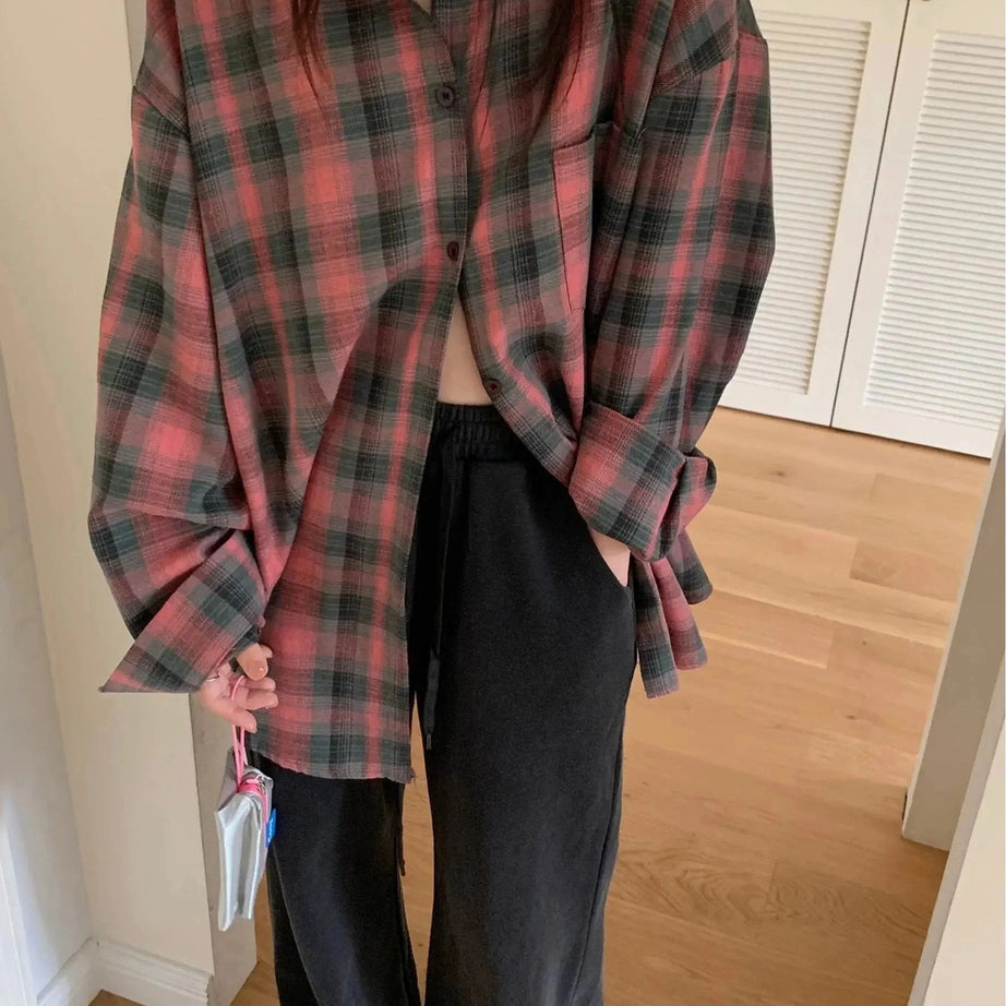 Y2k Oversized Plaid Flannel Shirt