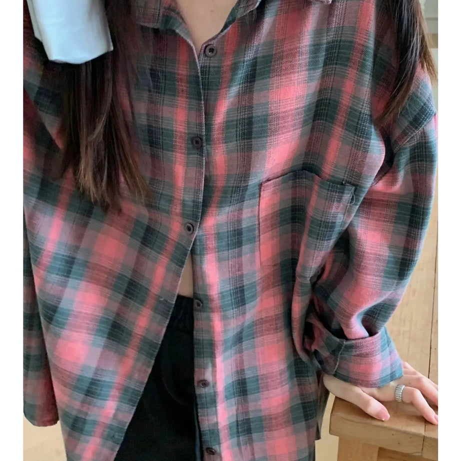 Y2k Oversized Plaid Flannel Shirt