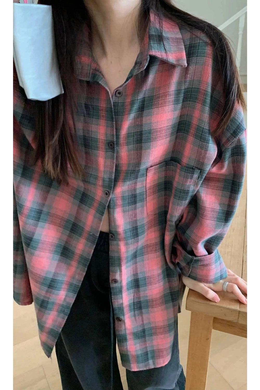 Y2k Oversized Plaid Flannel Shirt