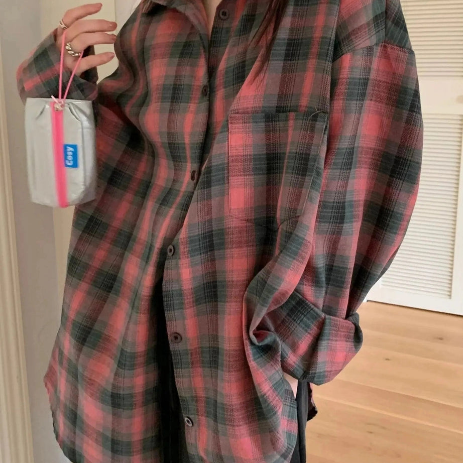 Y2k Oversized Plaid Flannel Shirt