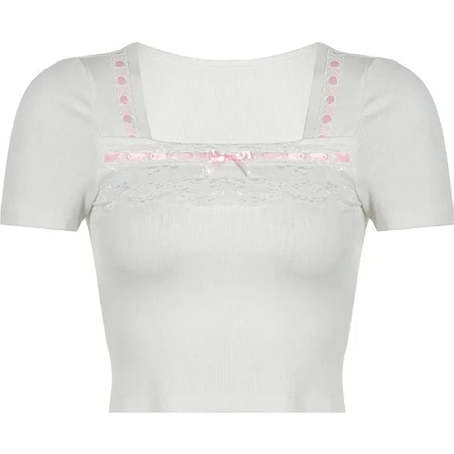 Y2k Pastel Dream Lace Trim Top