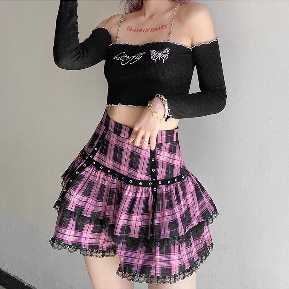 Y2k Pastel Goth Mini Plaid Skirt