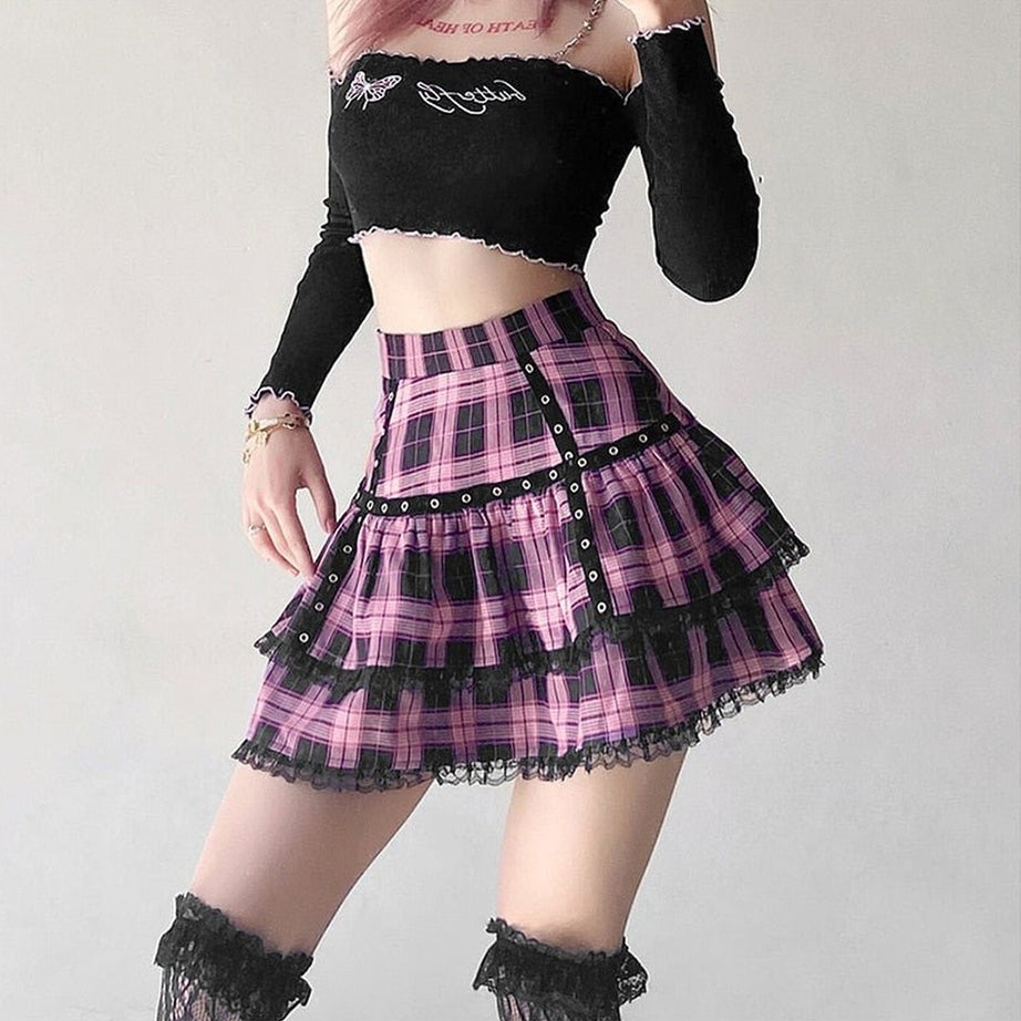 Y2k Pastel Goth Mini Plaid Skirt