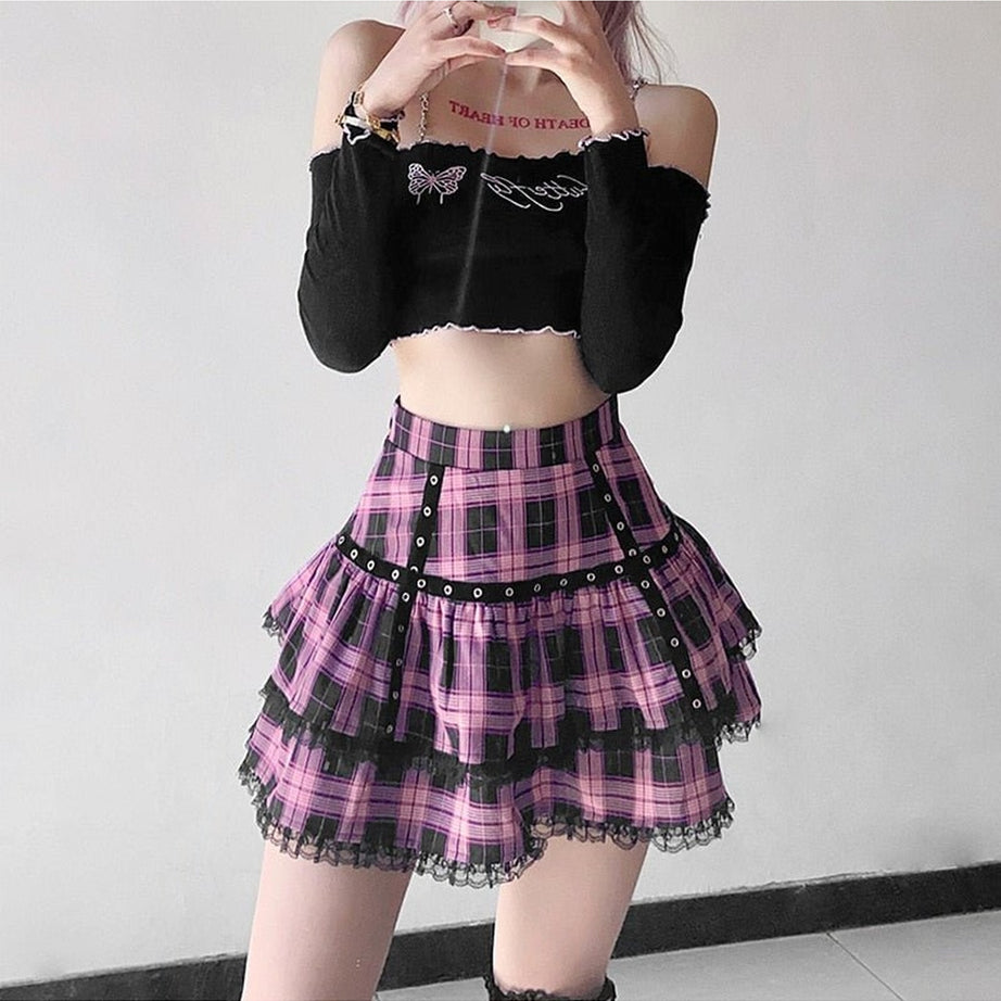 Y2k Pastel Goth Mini Plaid Skirt