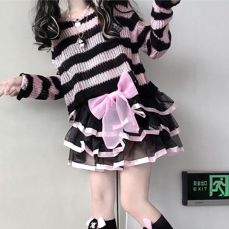 Y2k Pastel Goth Striped Sweater