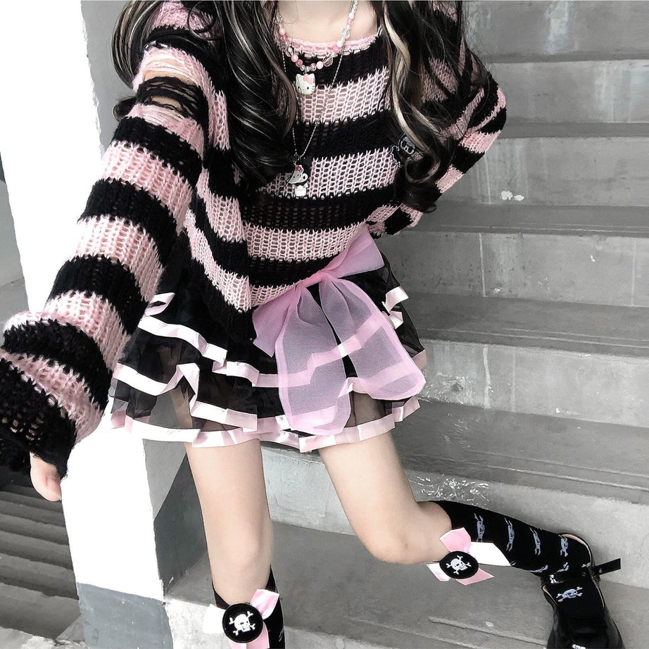 Y2k Pastel Goth Striped Sweater