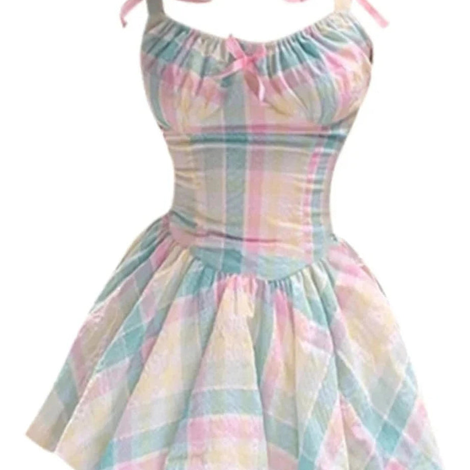 Y2k Pastel Plaid Bowknot Dress