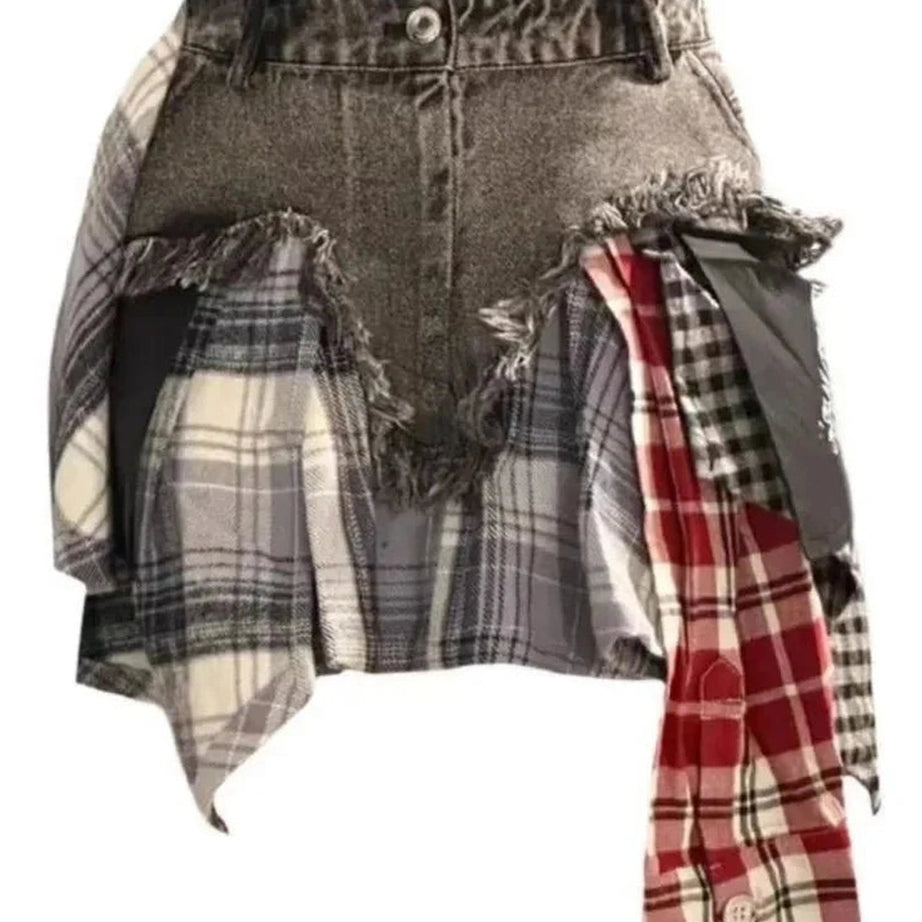 Y2k Patchwork Plaid Denim Skirt