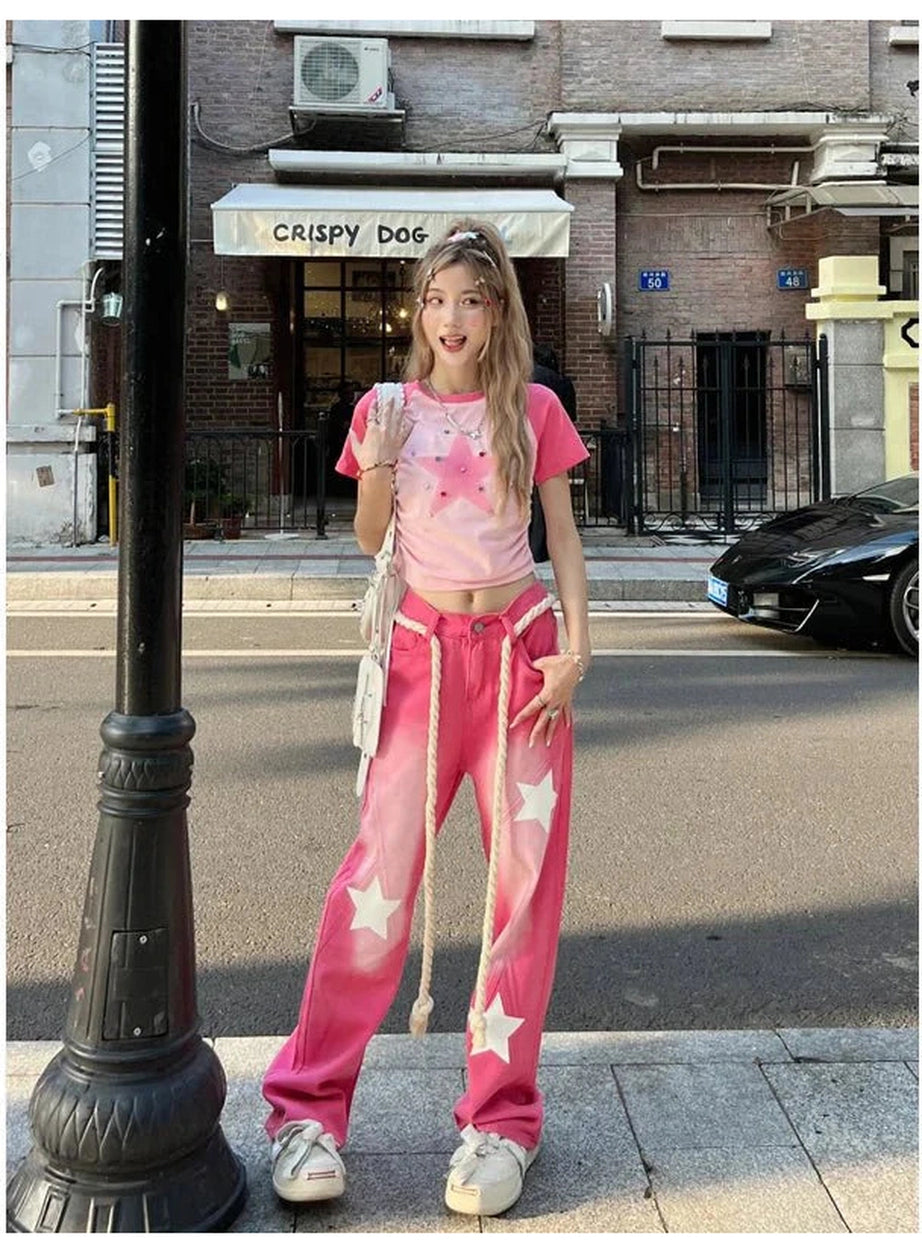 Y2k Pink Blue Baggy Star Jeans