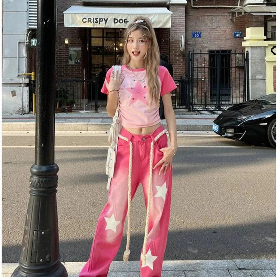 Y2k Pink Blue Baggy Star Jeans