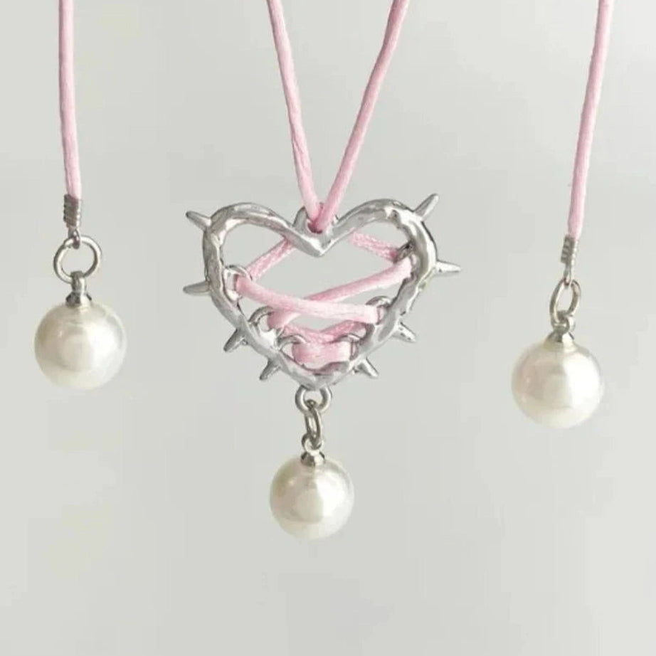 Y2k Pink Bow Metal Heart Necklace