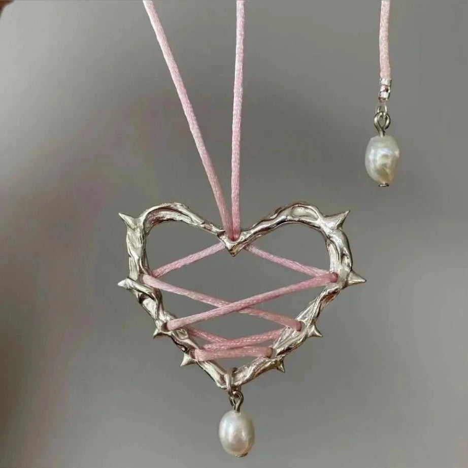 Y2k Pink Bow Metal Heart Necklace