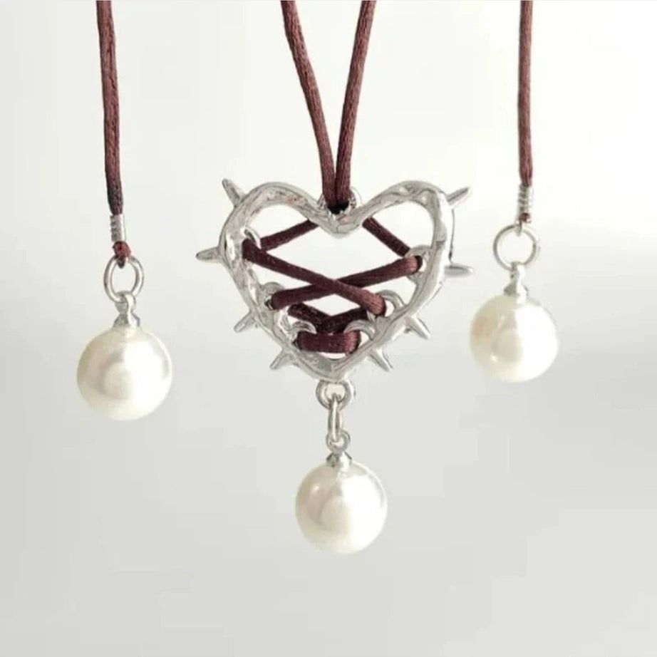 Y2k Pink Bow Metal Heart Necklace