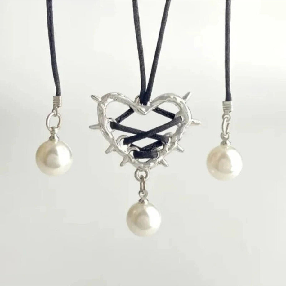 Y2k Pink Bow Metal Heart Necklace