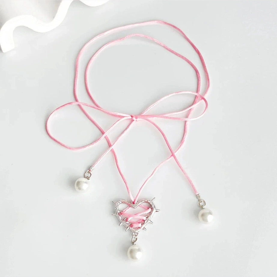 Y2k Pink Bow Metal Heart Necklace