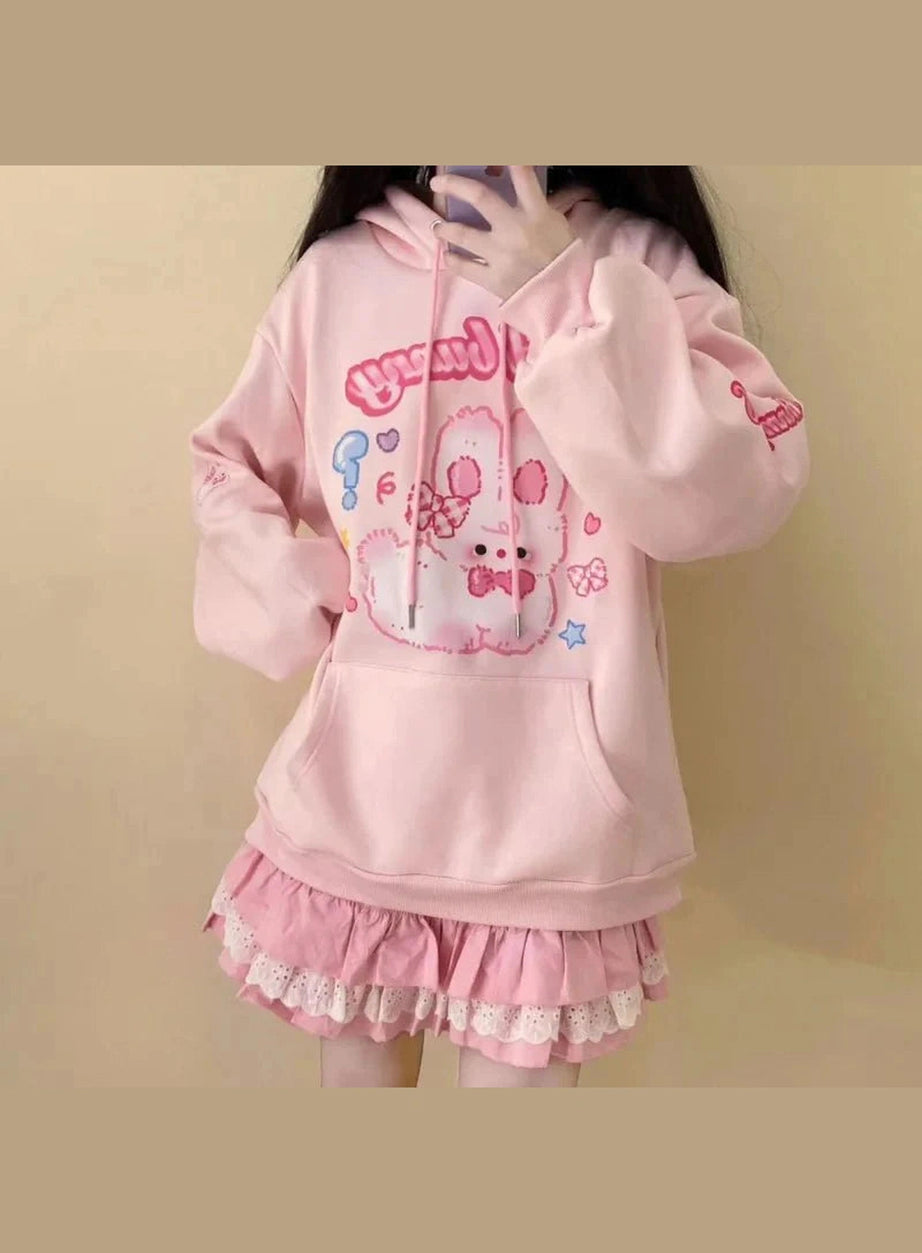 Y2k Pink Hoodie Rabbit Print