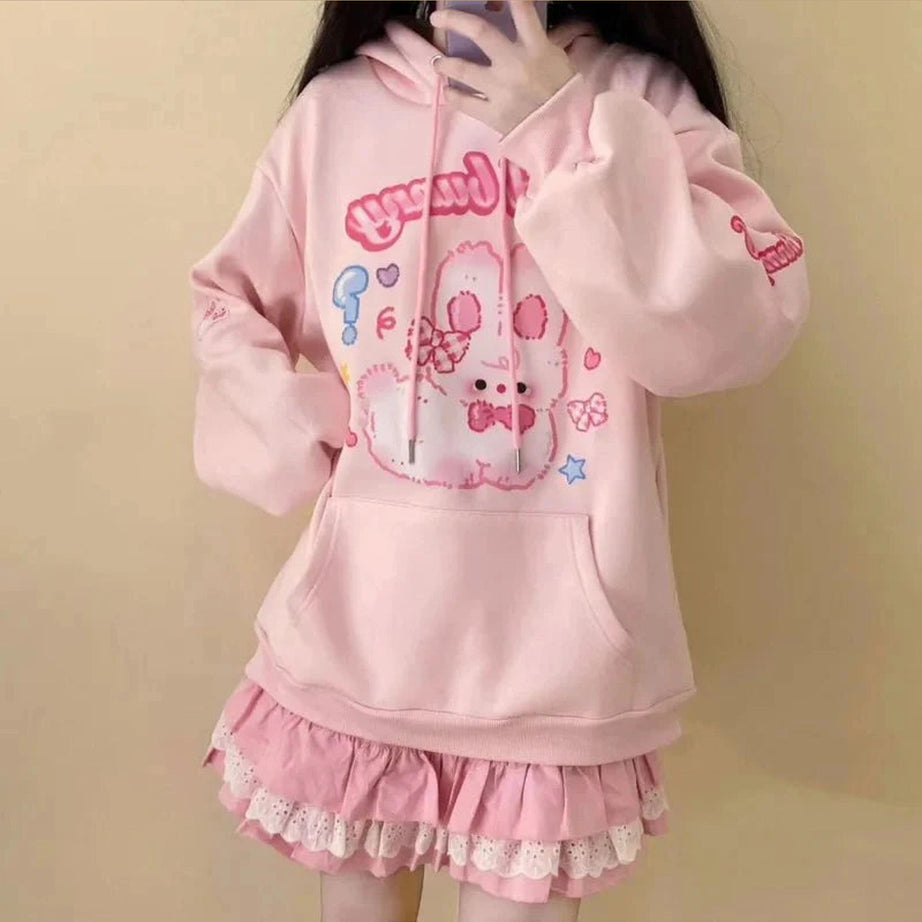 Y2k Pink Hoodie Rabbit Print