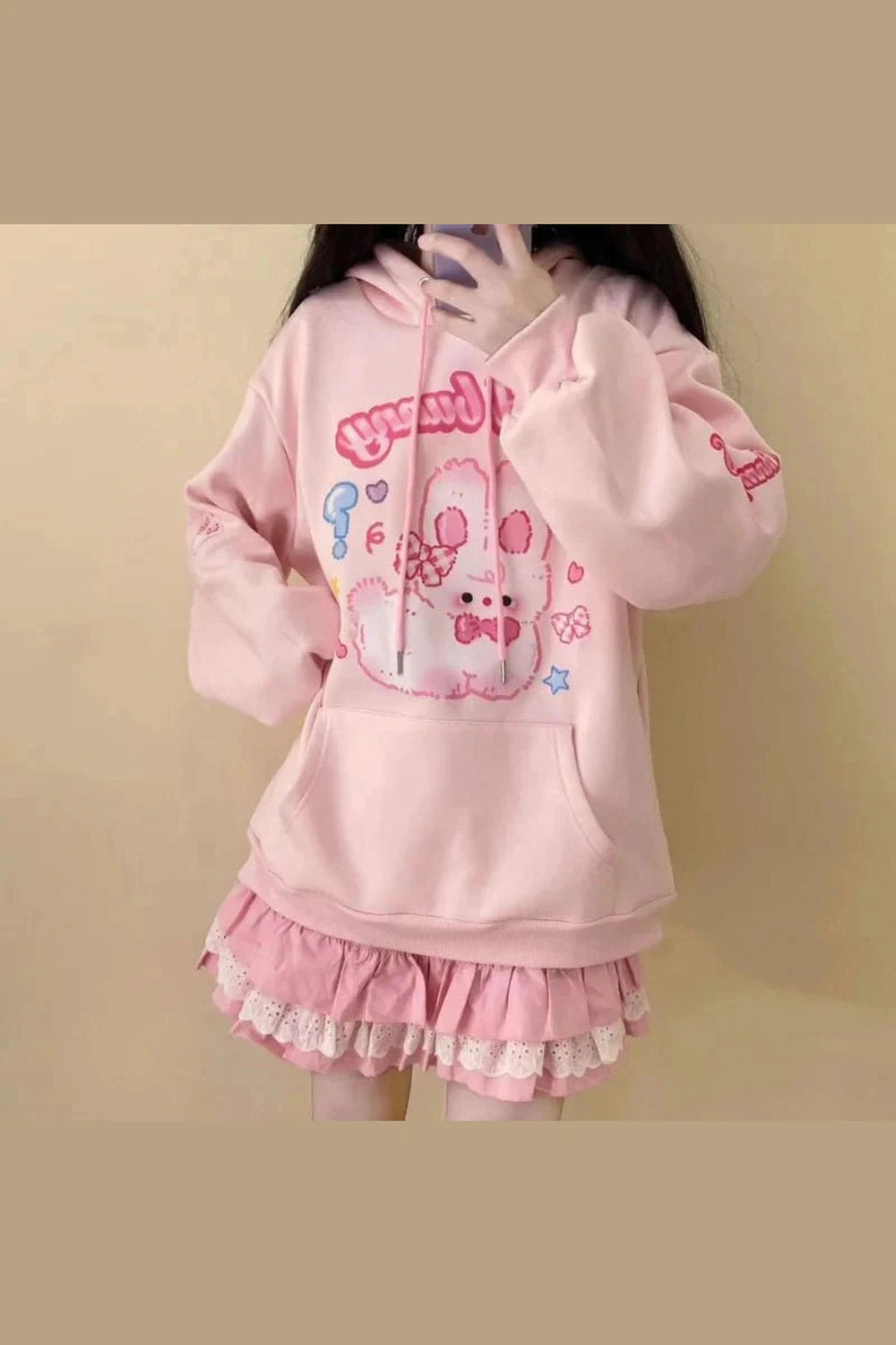 Y2k Pink Hoodie Rabbit Print