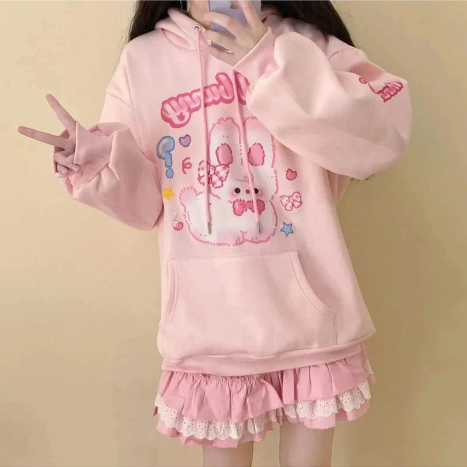 Y2k Pink Hoodie Rabbit Print