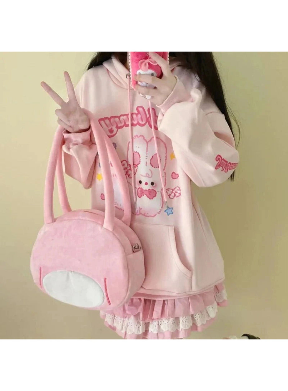Y2k Pink Hoodie Rabbit Print