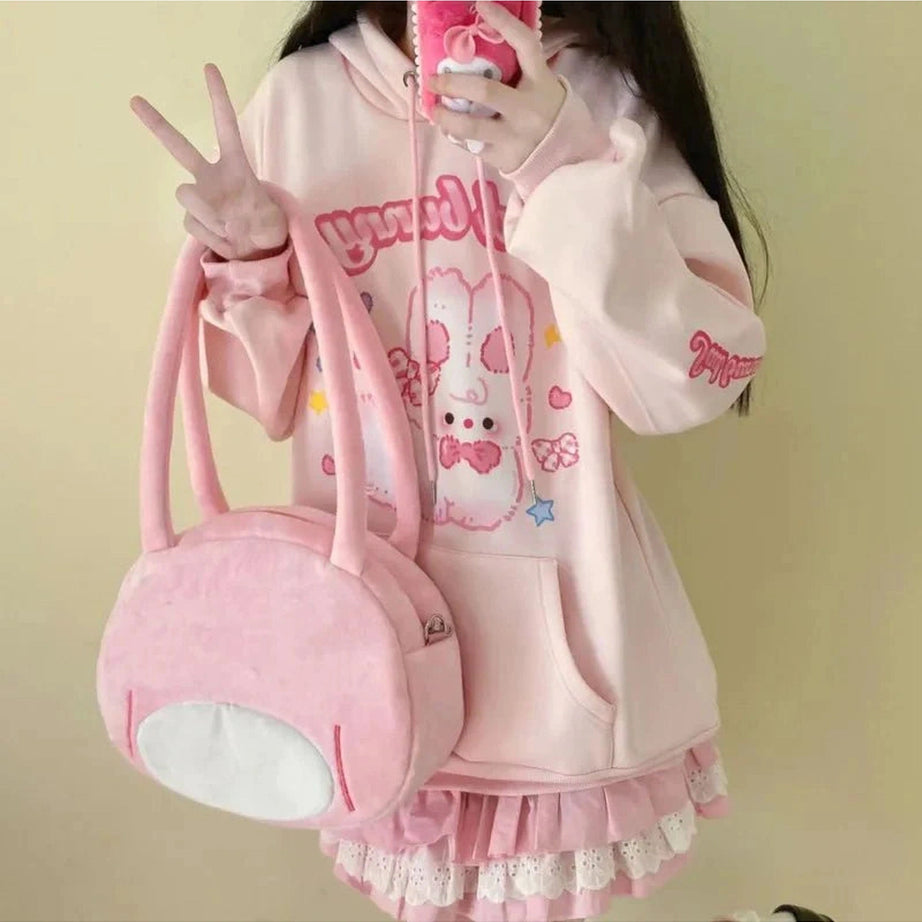 Y2k Pink Hoodie Rabbit Print