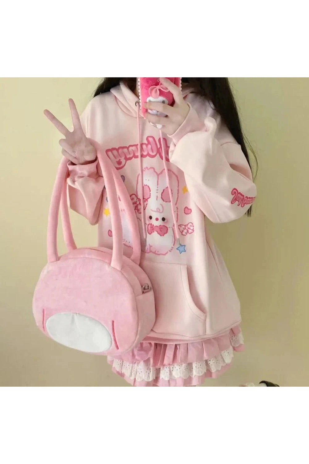 Y2k Pink Hoodie Rabbit Print