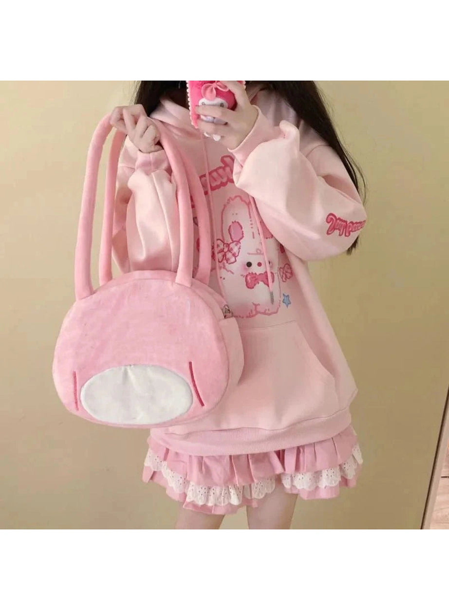 Y2k Pink Hoodie Rabbit Print