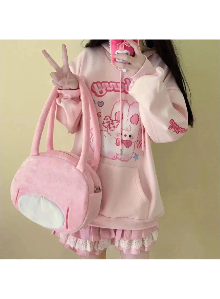 Y2k Pink Hoodie Rabbit Print