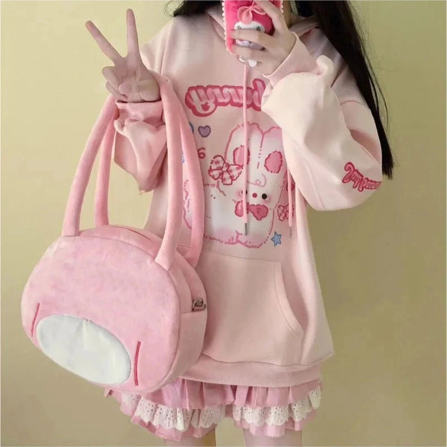 Y2k Pink Hoodie Rabbit Print