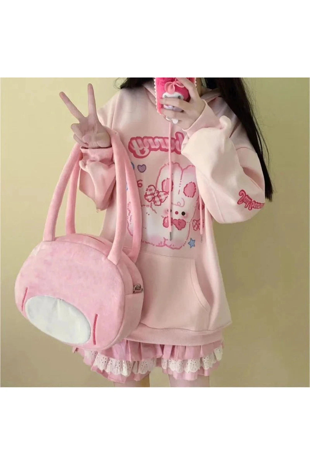 Y2k Pink Hoodie Rabbit Print