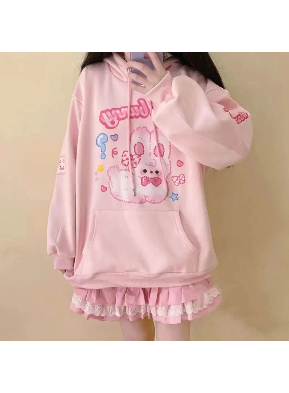 Y2k Pink Hoodie Rabbit Print