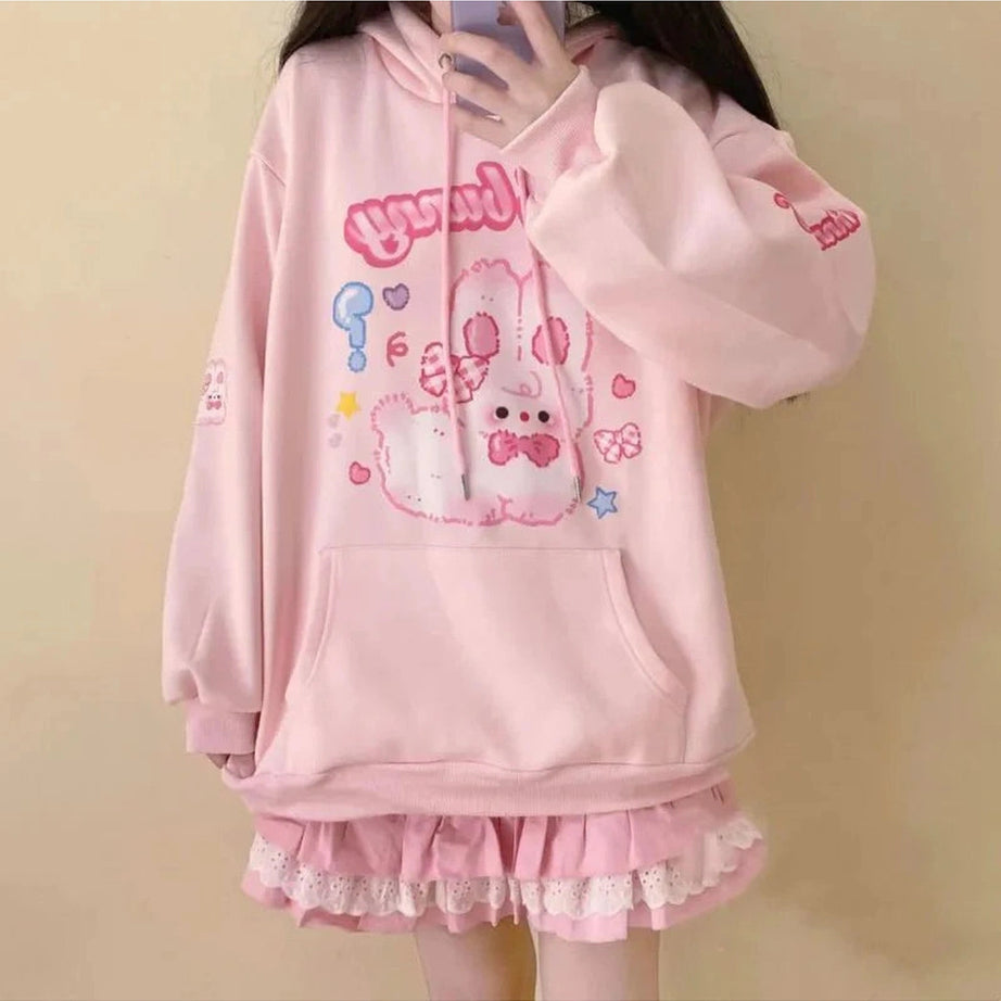 Y2k Pink Hoodie Rabbit Print