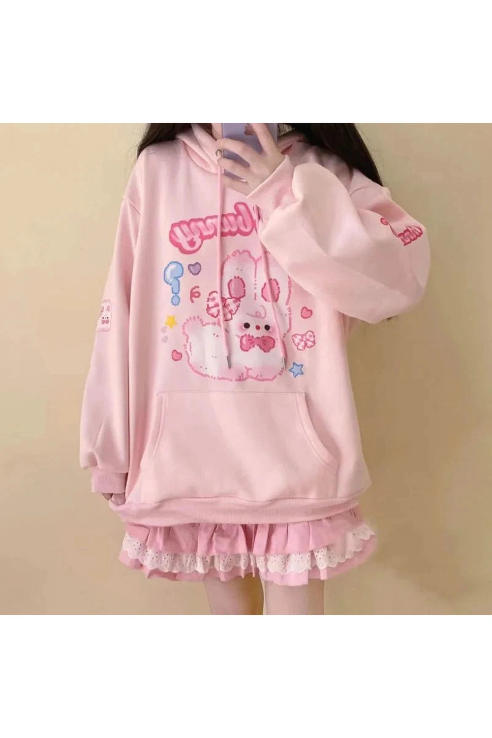 Y2k Pink Hoodie Rabbit Print