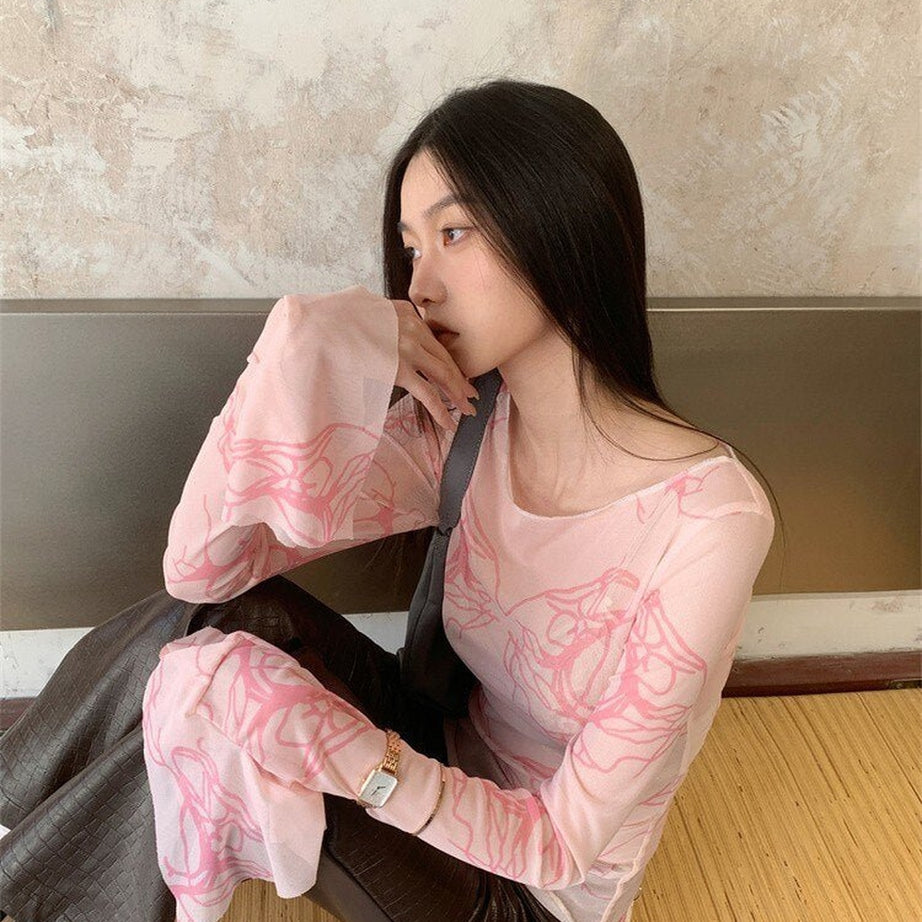 Y2k Pink Mesh Long Sleeve T-shirt