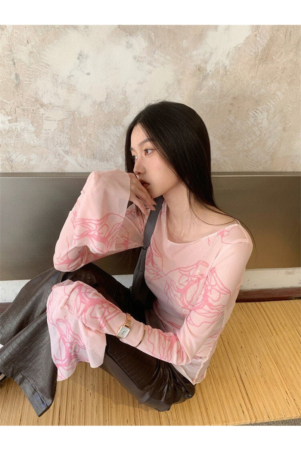 Y2k Pink Mesh Long Sleeve T-shirt