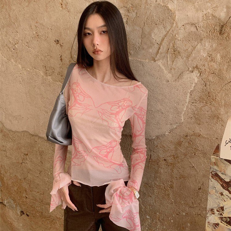 Y2k Pink Mesh Long Sleeve T-shirt