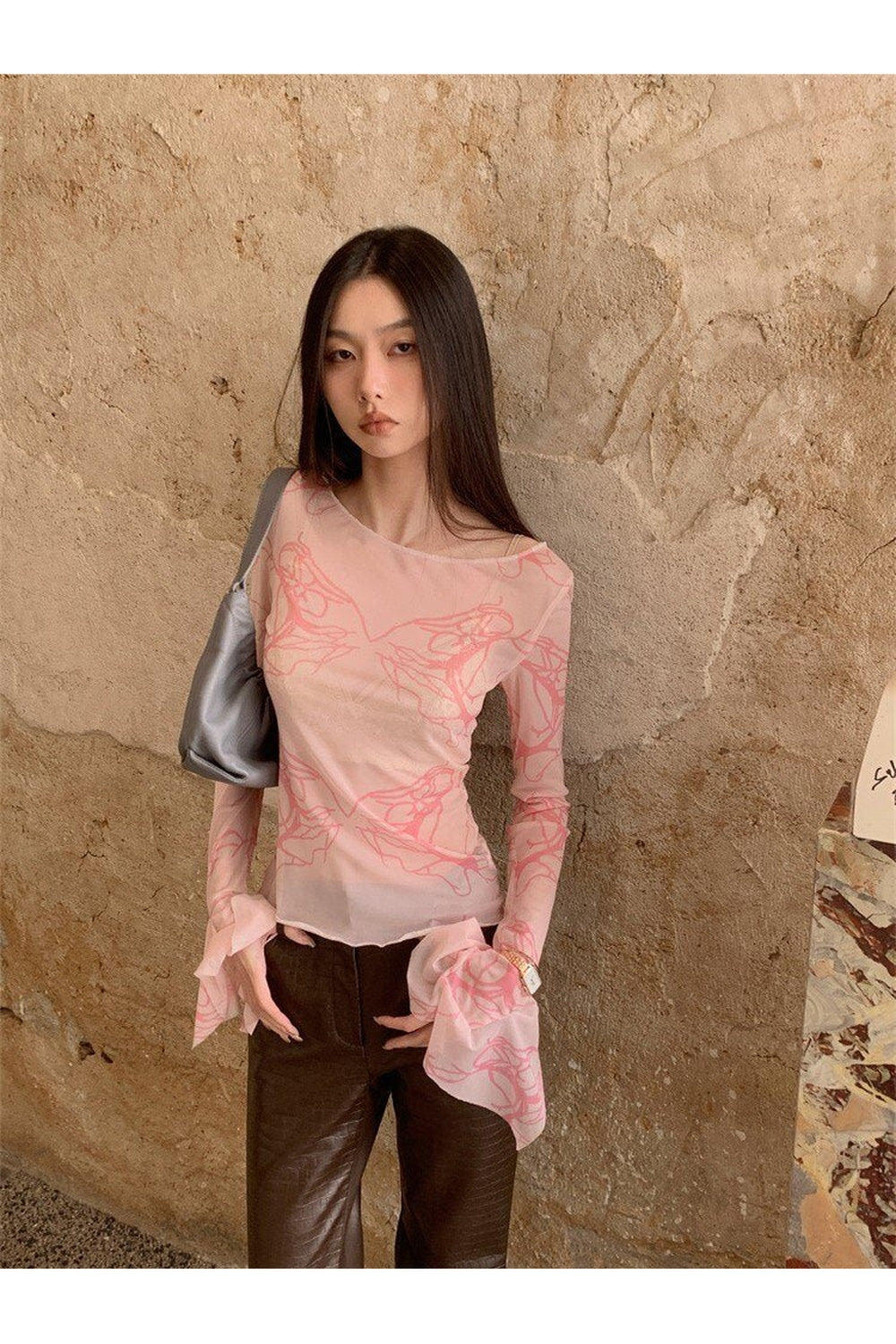 Y2k Pink Mesh Long Sleeve T-shirt