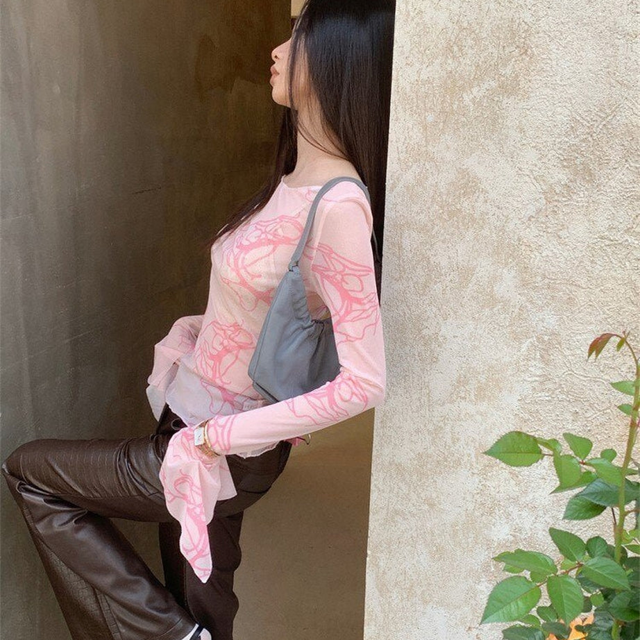 Y2k Pink Mesh Long Sleeve T-shirt