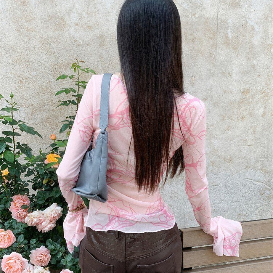 Y2k Pink Mesh Long Sleeve T-shirt