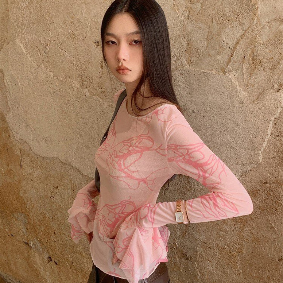 Y2k Pink Mesh Long Sleeve T-shirt