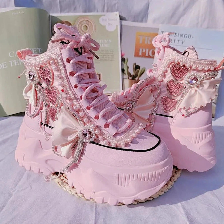 Y2k Pink Pearl Heart High Platform Sneakers