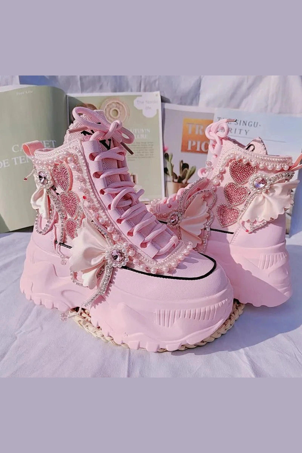 Y2k Pink Pearl Heart High Platform Sneakers