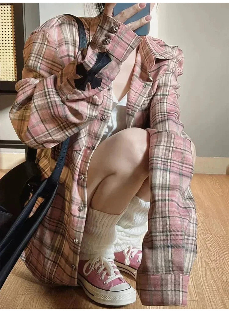 Y2k Pink Plaid Button Up Shirt
