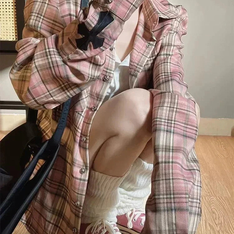 Y2k Pink Plaid Button Up Shirt