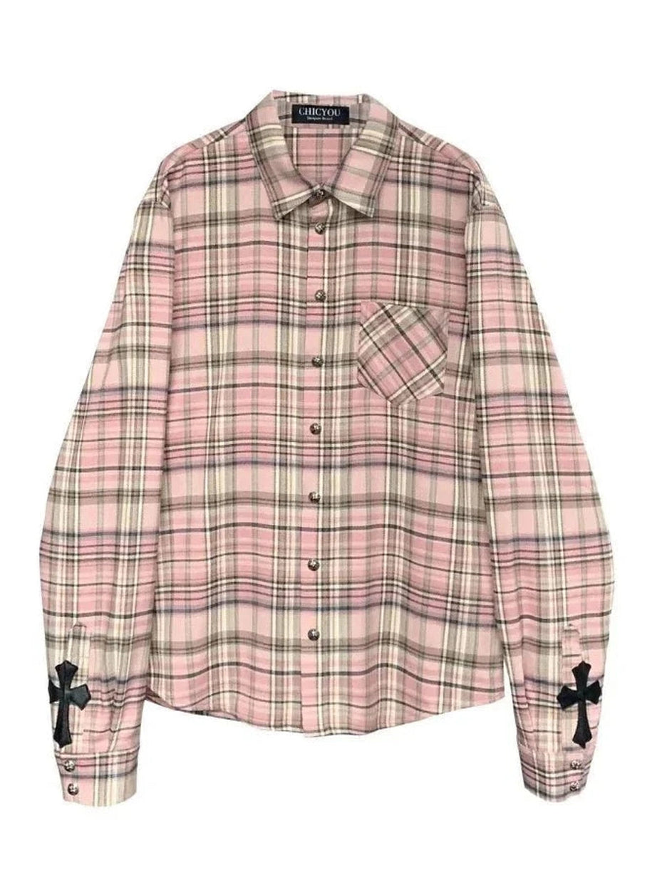 Y2k Pink Plaid Button Up Shirt
