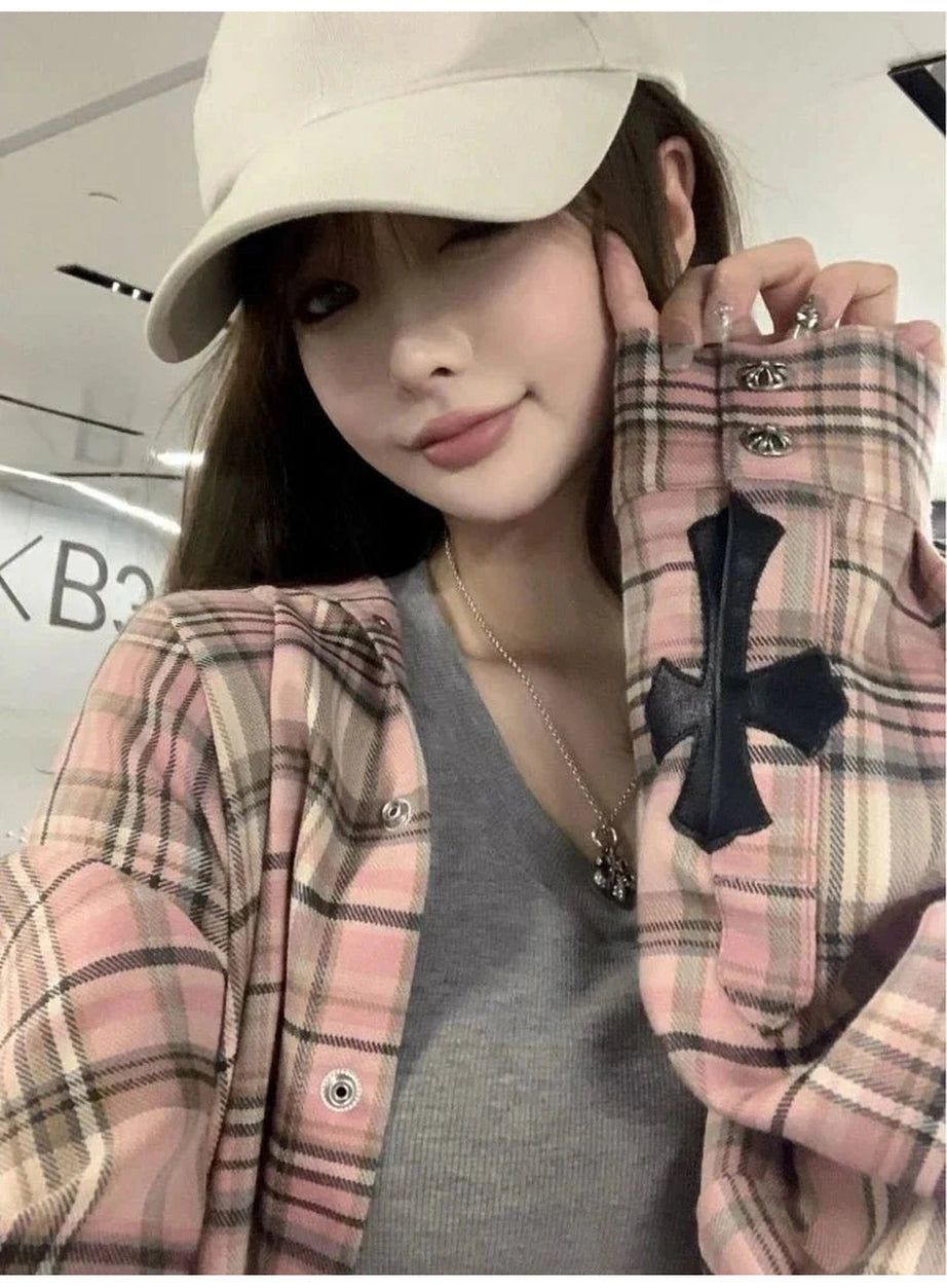 Y2k Pink Plaid Button Up Shirt